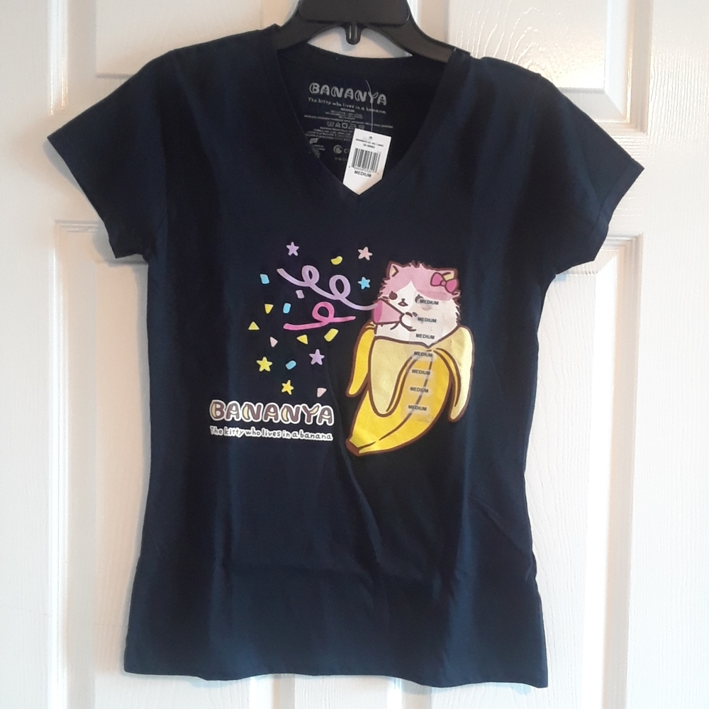 NWT Bananya Bananyako V neck black Short Sleeve Tee Shirt 🐱🍌❤ Banana Cat